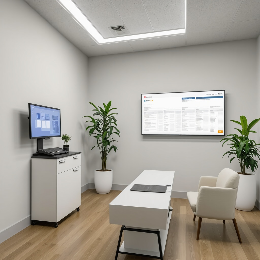 Modern clinic room with genomic testing equipment and personalized hormone therapy plans displayed on screens