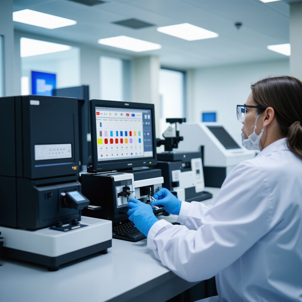 Clinician analyzing hormone test results on digital display with LC-MS/MS equipment in background