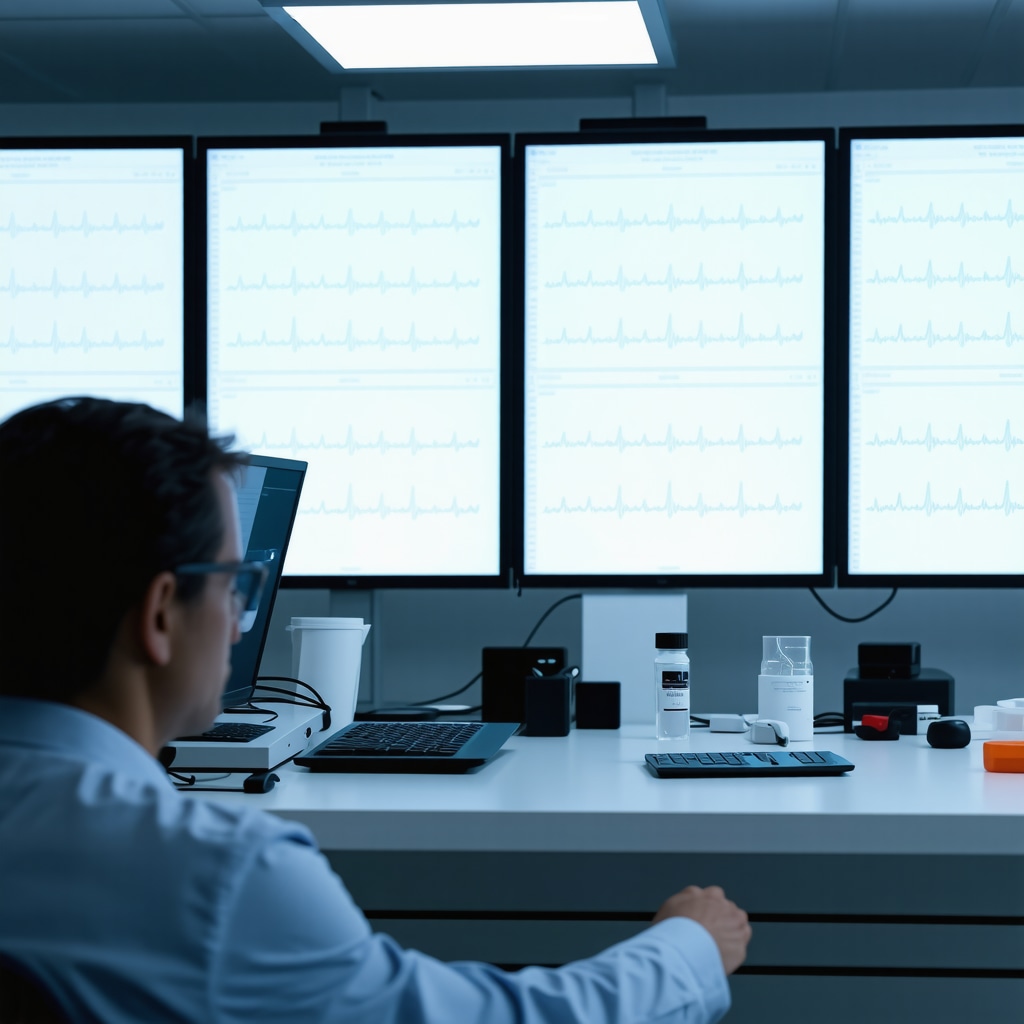 High-tech hormone testing lab with digital displays of hormone levels and circadian rhythms