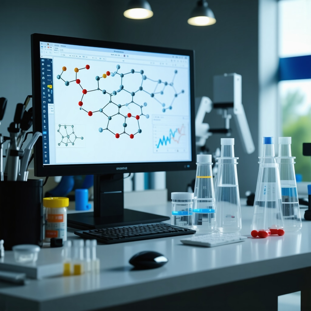 Laboratory equipment with digital displays illustrating hormone molecules and patient data analytics in BHRT