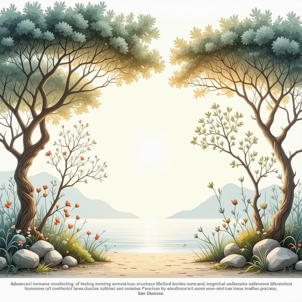 Infographic showing advanced hormone testing techniques, bioidentical hormone molecular structures, and holistic wellness activities in San Diego
