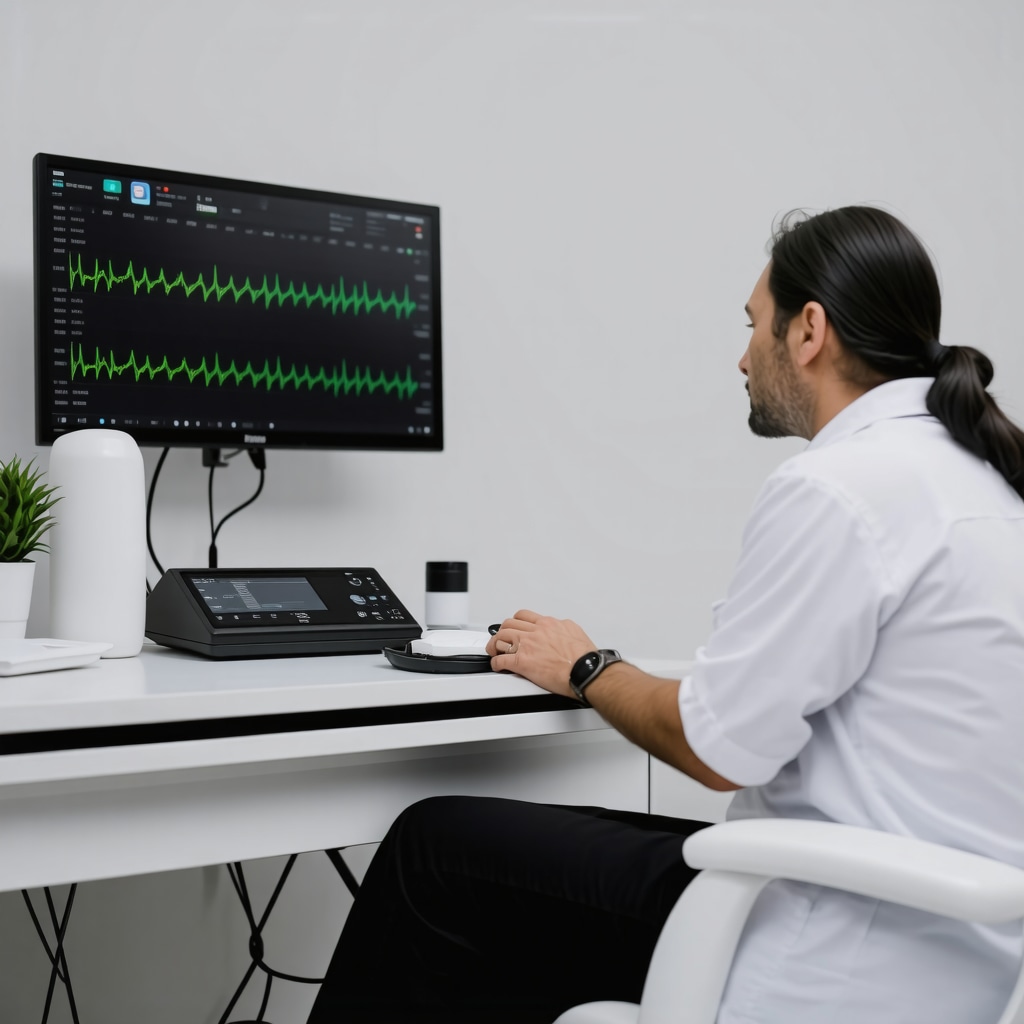Clinic room featuring hormone testing technology and a doctor-patient consultation on hormone optimization