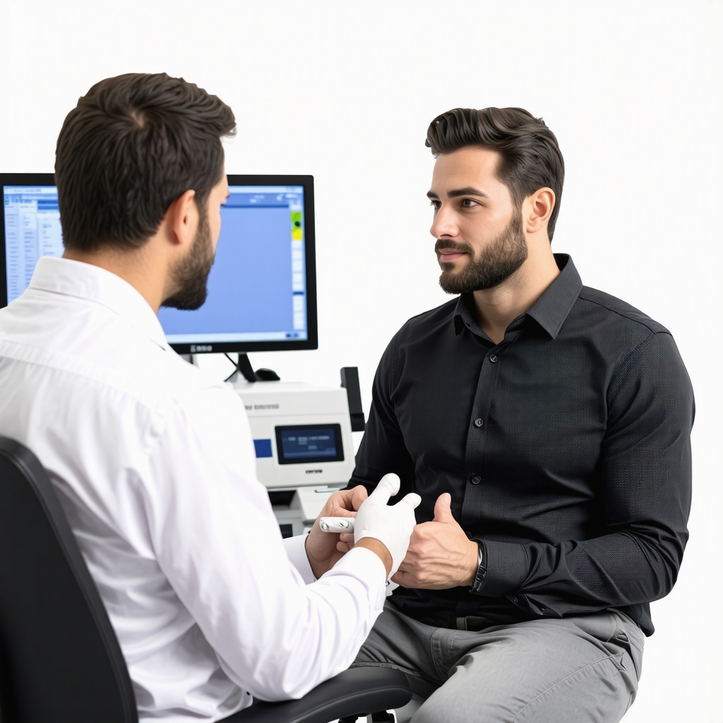 Endocrinologist consulting male patient in San Diego clinic with advanced hormone testing devices