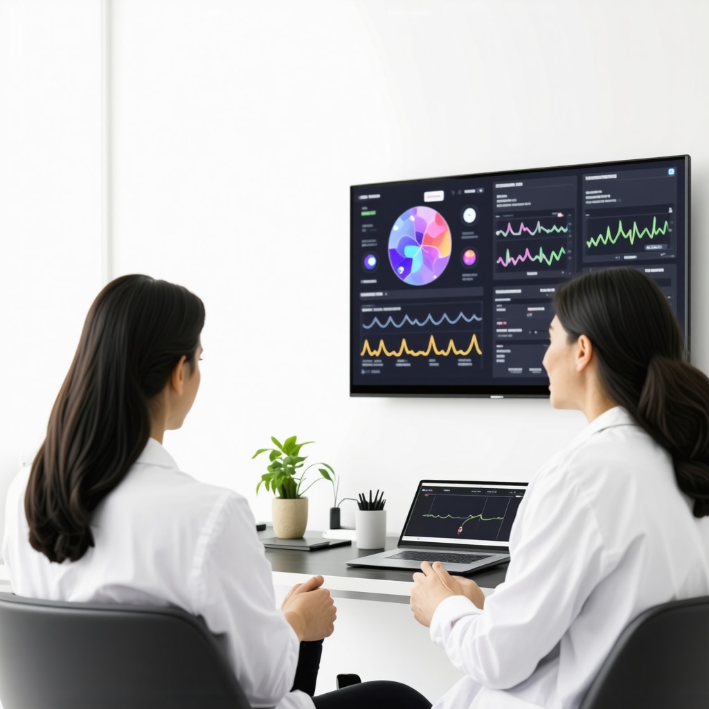 Doctor and patient reviewing digital dashboard showing hormone levels and pharmacogenomic data in a modern clinic