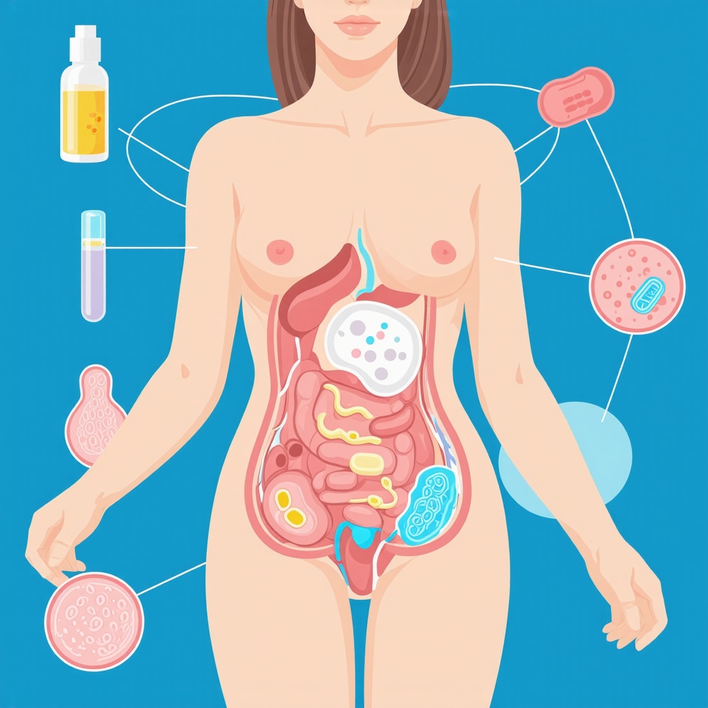 Infographic showing hormone metabolism, gut microbiome effects, and innovative HRT delivery methods in a San Diego clinical context