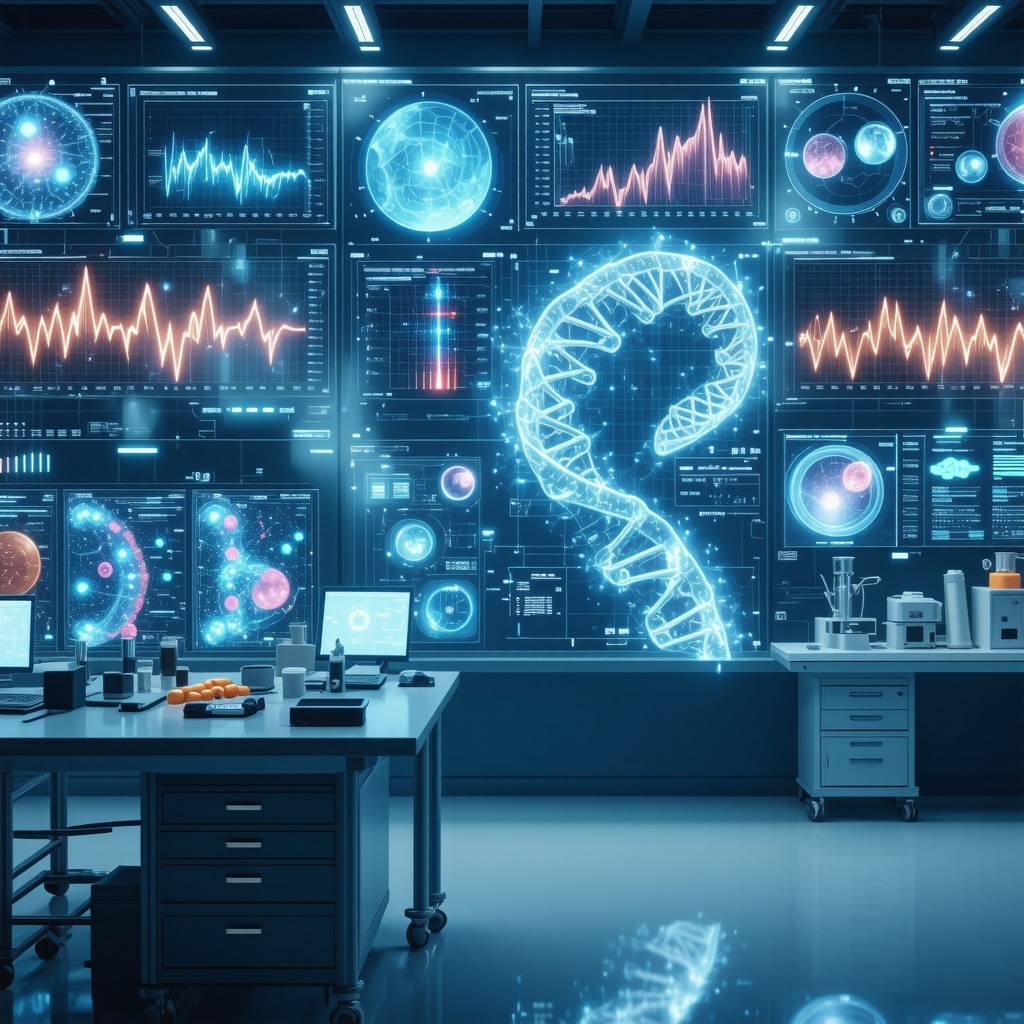 Futuristic medical lab with digital DNA methylation profiles and AI dashboards for hormone pellet therapy monitoring