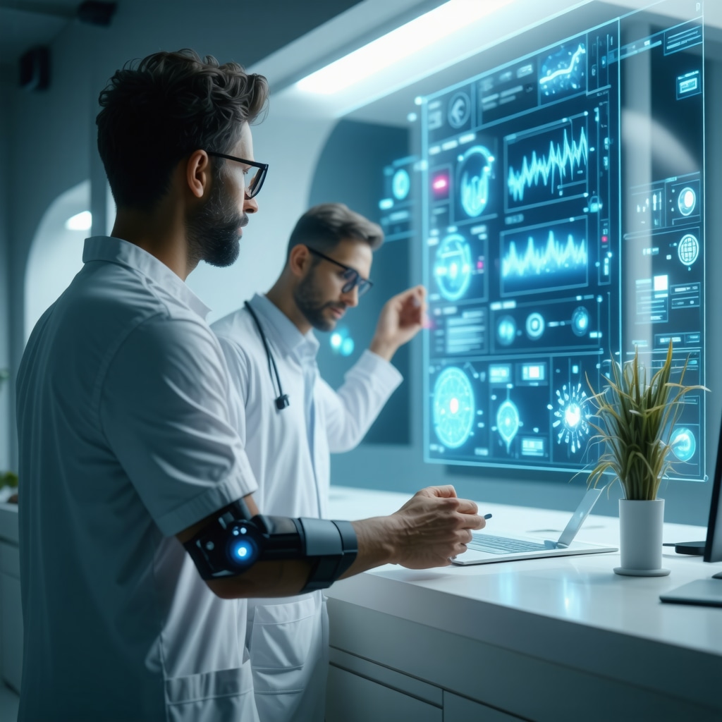 Patient with biometric wearable and clinician analyzing genomic and hormone data on digital screens in a modern San Diego clinic
