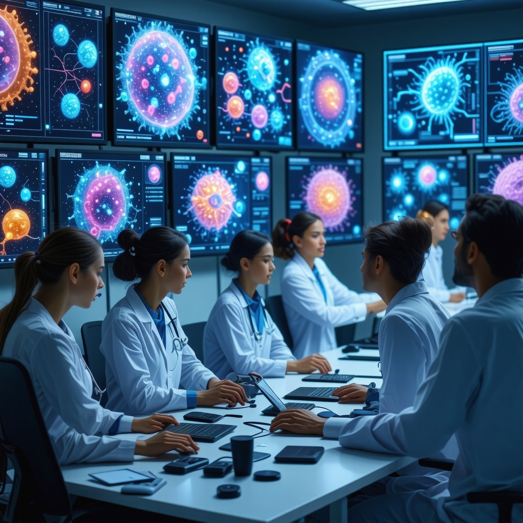 Healthcare professionals reviewing digital multi-omics and microbiome data for personalized hormone therapy