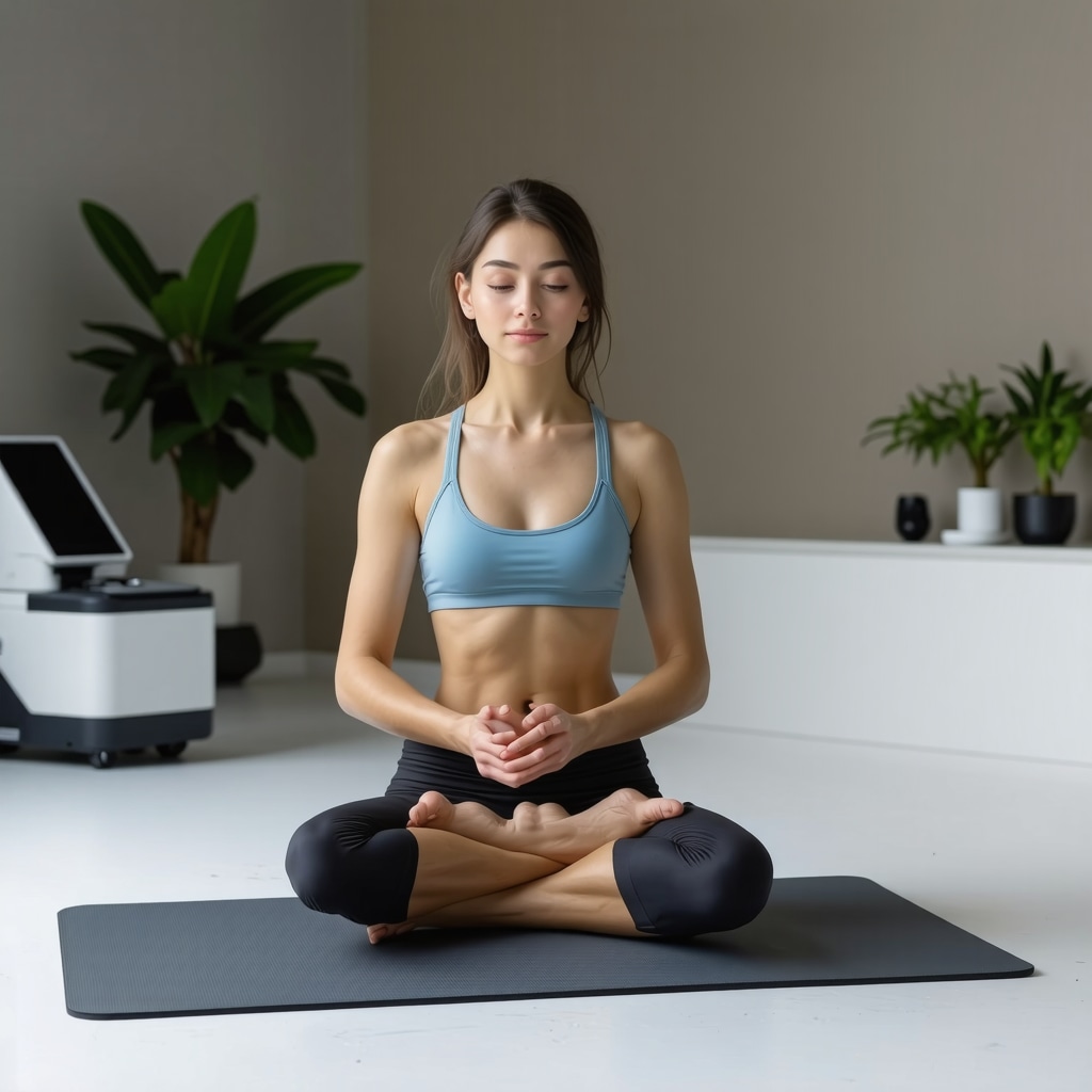 A high-tech clinic room with hormone therapy devices, genetic test displays, and a patient engaged in yoga to illustrate integrative hormone health