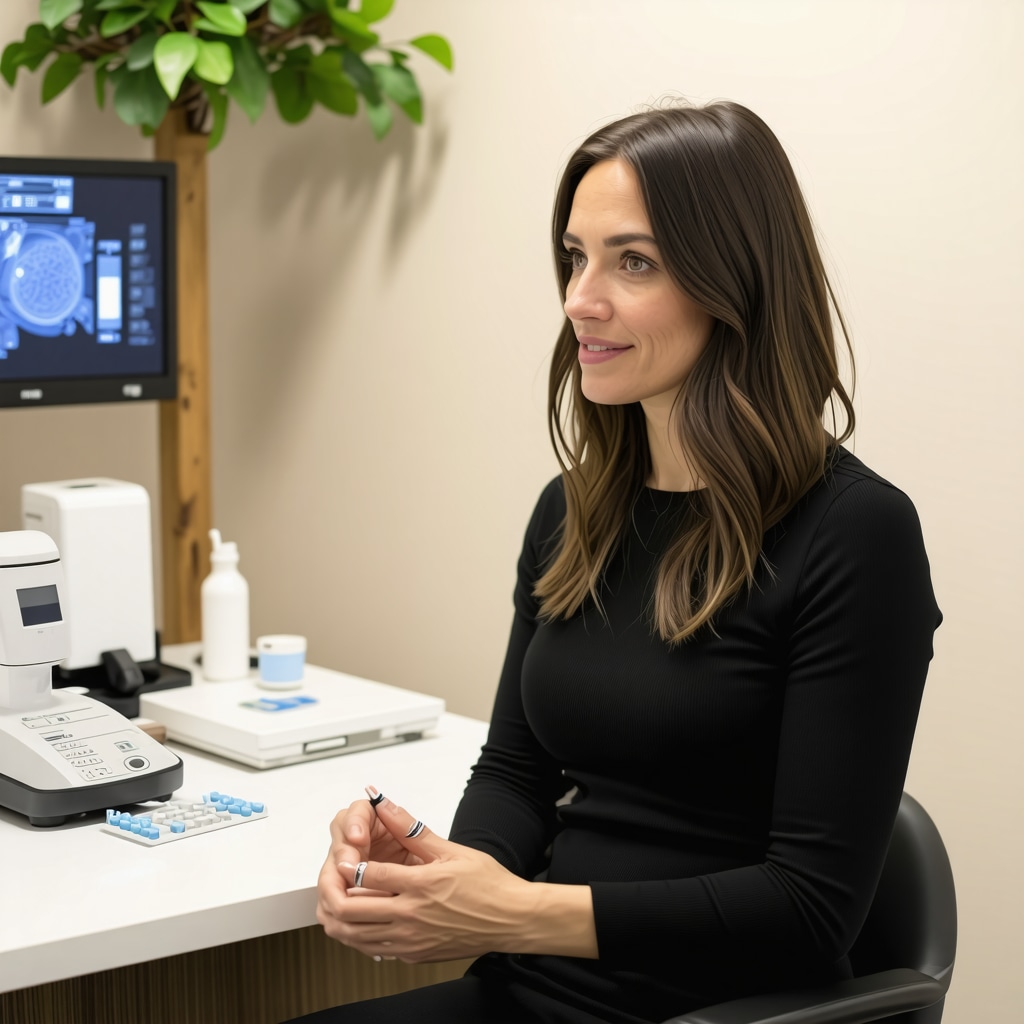Female patient consulting a menopause specialist in a modern San Diego clinic with hormone therapy equipment