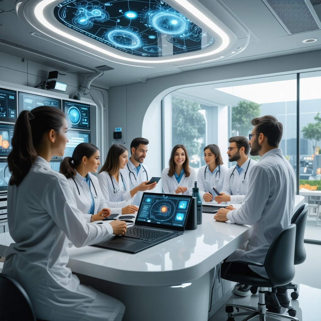 Futuristic clinic with nanotechnology hormone delivery and digital monitoring for personalized menopause care