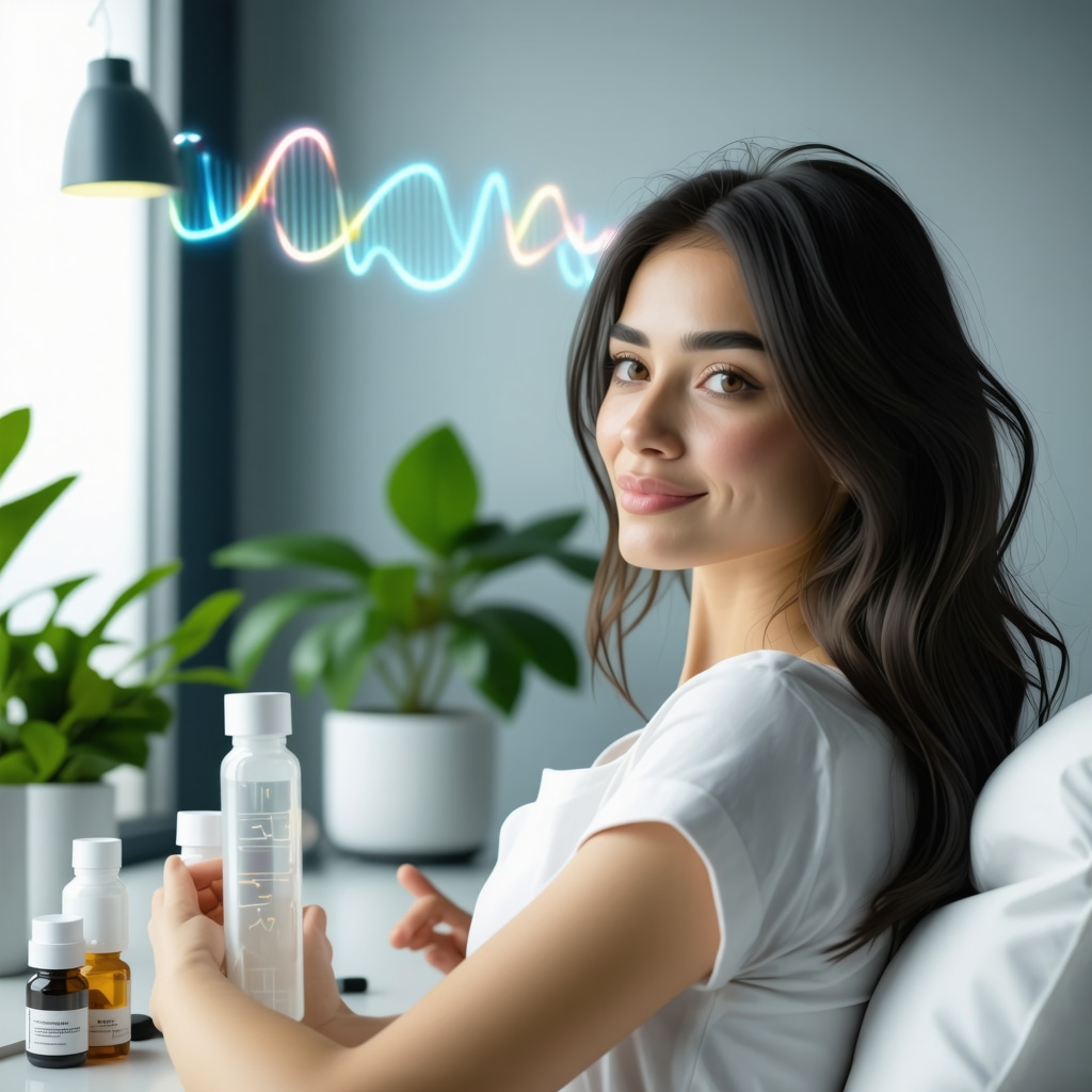 Futuristic clinic with patient using wearable device and AI monitoring for personalized hormone therapy