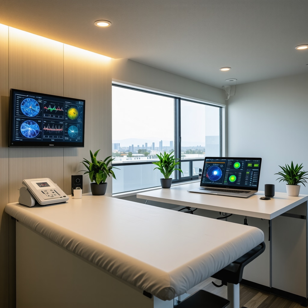 Clinic room featuring genetic testing devices, circadian rhythm graphs, and microbiome analysis tools for testosterone health