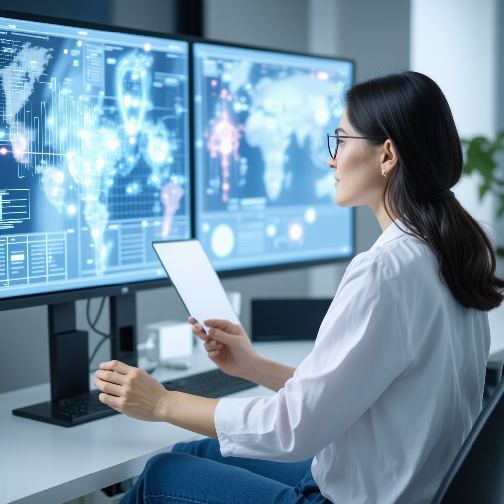 Female patient consulting hormone therapy specialist with genomic and neuroendocrine data visuals in clinical setting