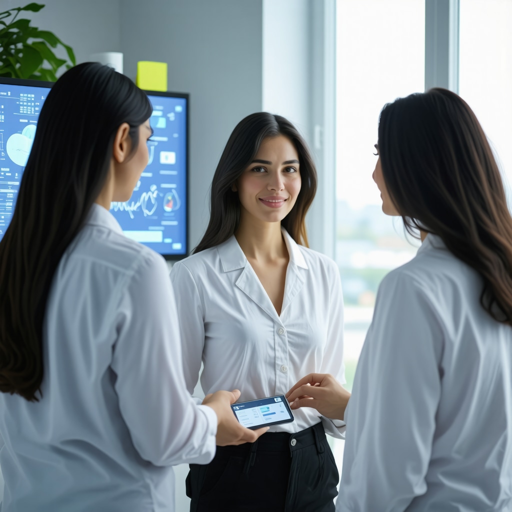 Woman consulting healthcare professional with digital hormone monitoring and AI analytics for menopause treatment