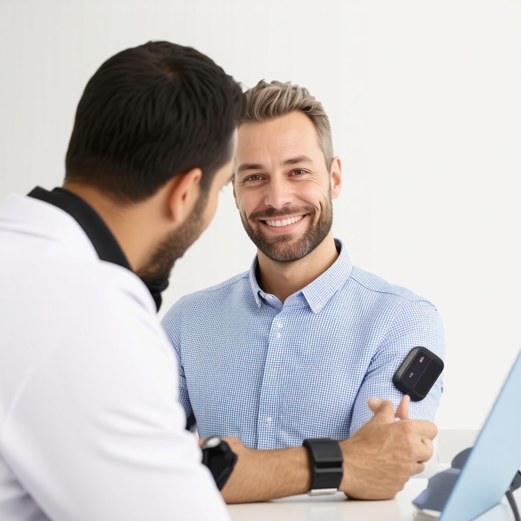 Patient wearing wearable hormone monitor during consultation in a modern San Diego clinic