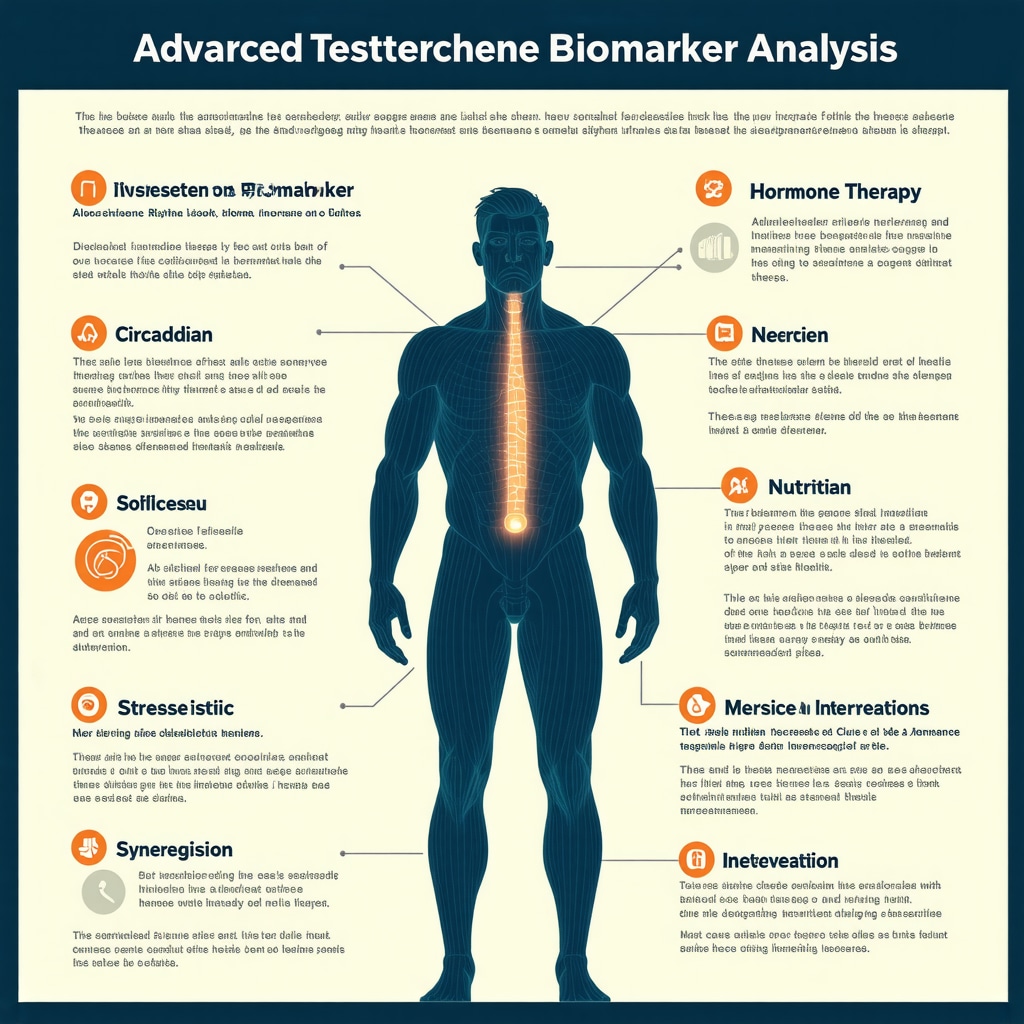 Infographic showing biomarker analysis, circadian rhythm, and lifestyle factors in testosterone therapy optimization