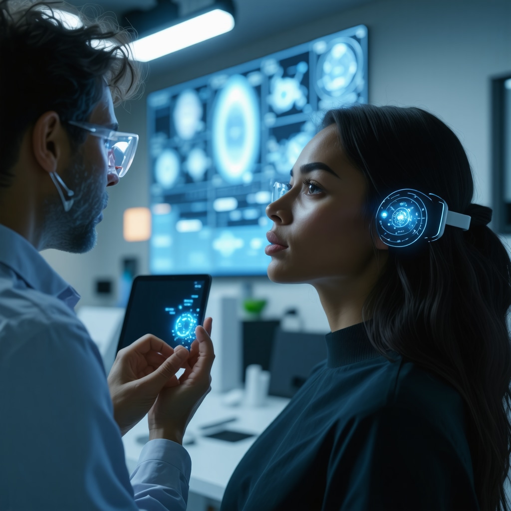 Patient with wearable hormone monitor and holographic genetic and environmental data in a high-tech clinic.