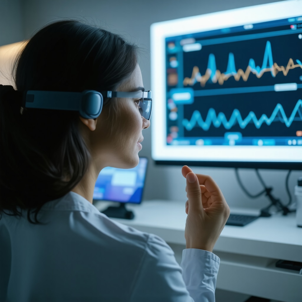 Patient with wearable devices and digital hormone monitoring charts in a modern clinic