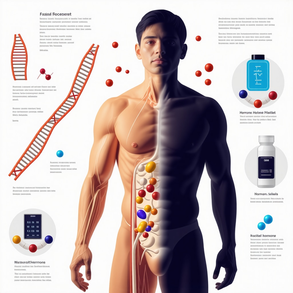 Infographic depicting hormone pellet implantation, DNA strands representing pharmacogenomics, and wearable hormone monitoring devices on human figure