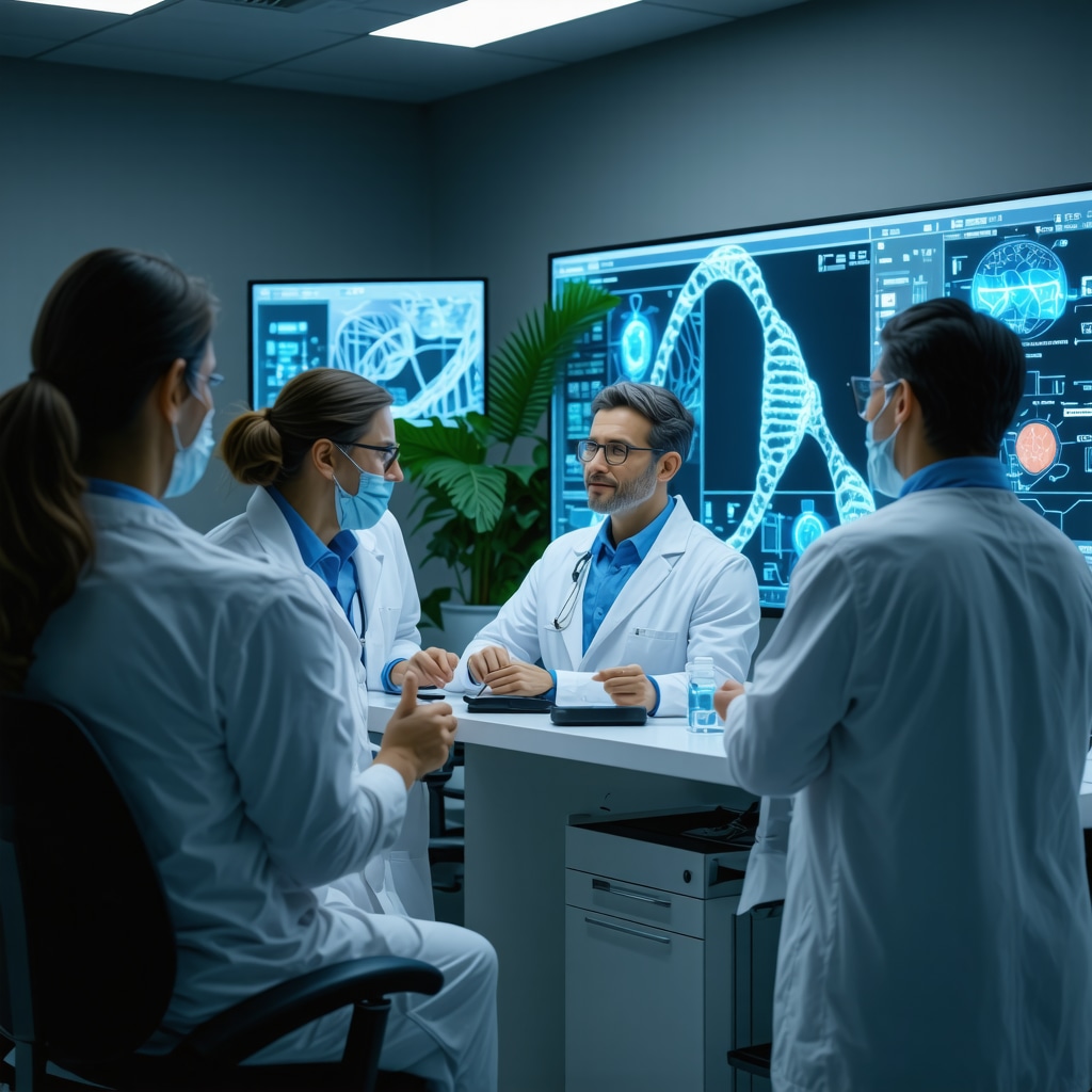 Illustration of genomic analysis and AI-powered hormone monitoring during medical consultation