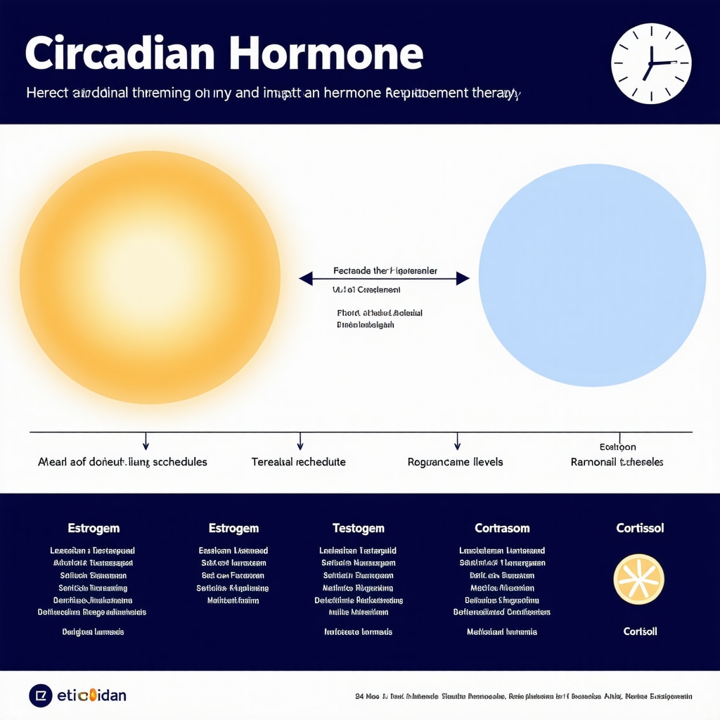 Infographic showing 24-hour circadian patterns of estrogen, testosterone, and cortisol relevant to hormone replacement therapy dosing