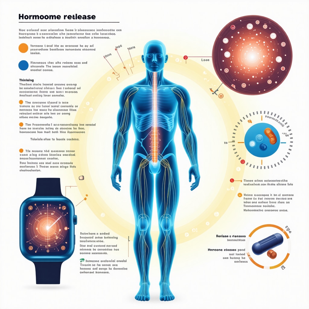 Graphic showing circadian rhythm cycles with endocrine organs and hormone pellet therapy timing guided by wearable devices