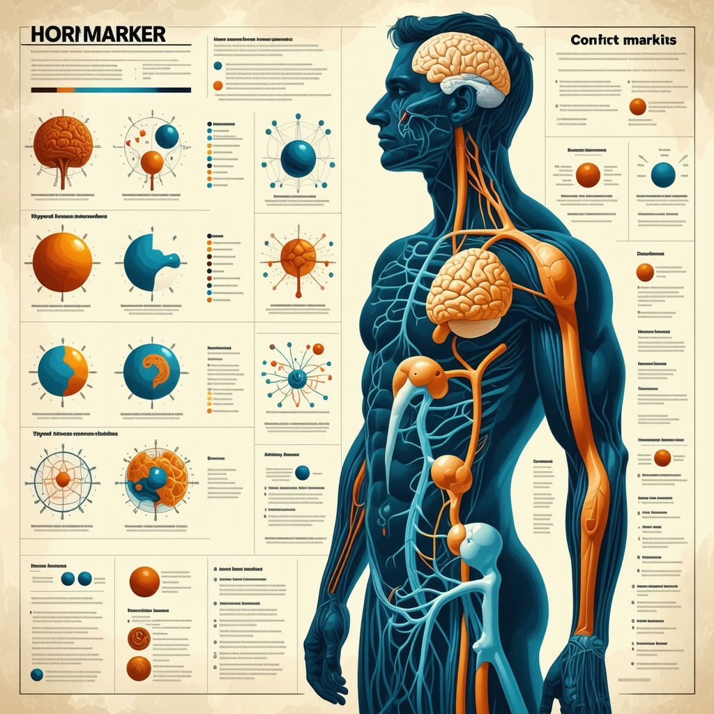 Infographic showing detailed hormone biomarker panel with endocrine system anatomy highlighting brain, adrenal glands, and thyroid