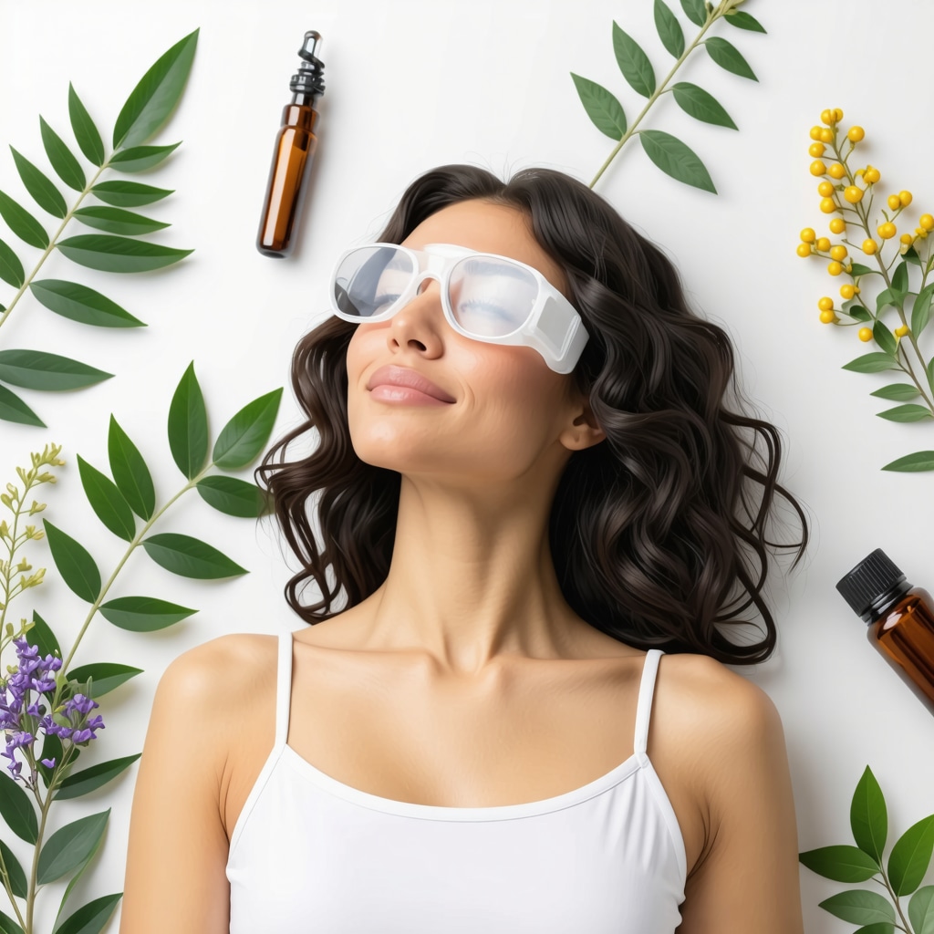 Woman using wearable biosensors for real-time hormone tracking in a clinical environment with botanical and digital health elements