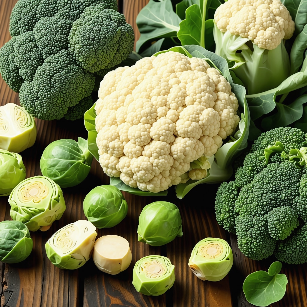 Fresh broccoli, Brussels sprouts, and leafy greens on wooden table representing hormone-balancing foods