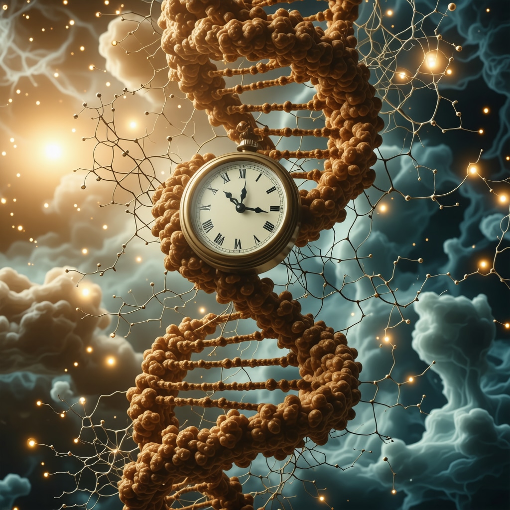 DNA helix intertwined with clock face and brain neurons representing genetics and chronobiology in BHRT