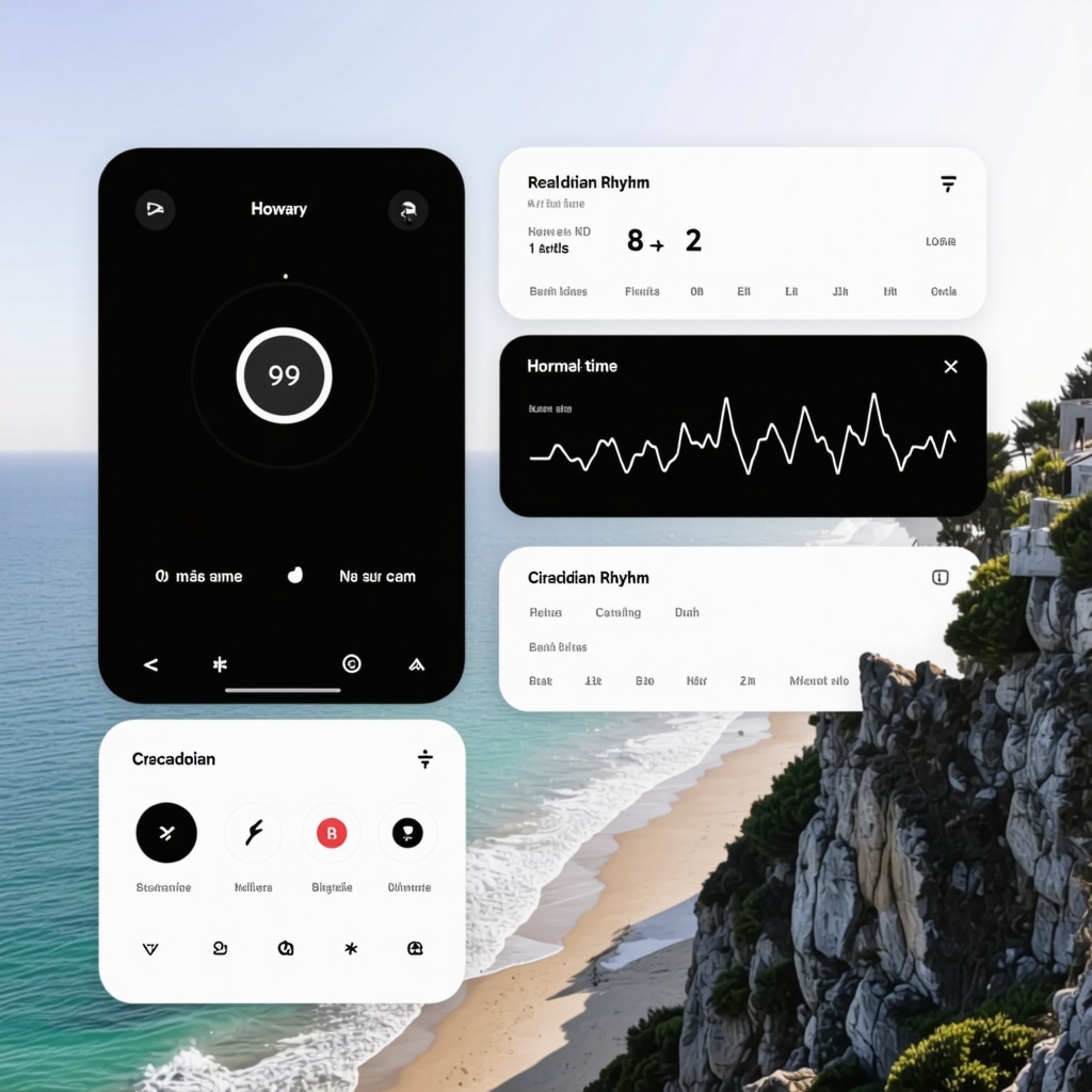 Digital dashboard showing hormone levels and circadian rhythm charts with San Diego beach background