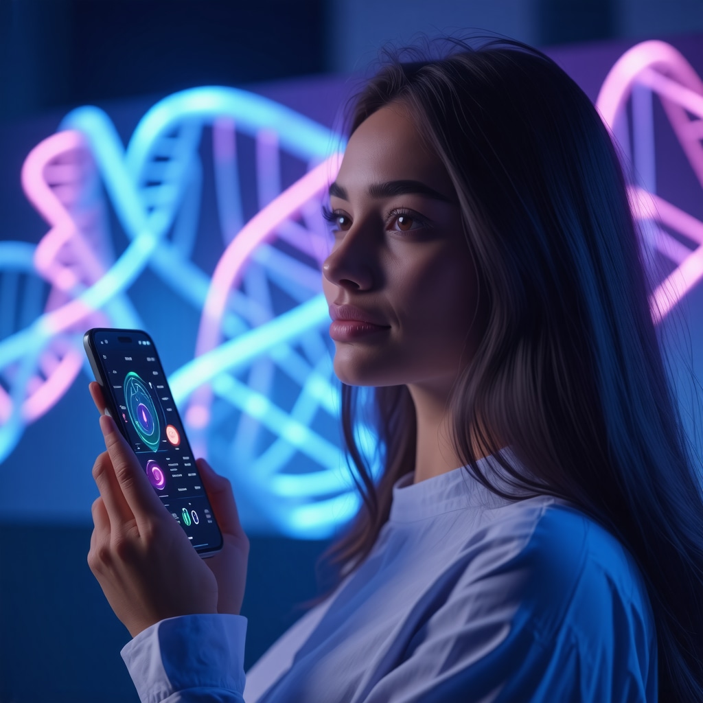 Woman using wearable device and smartphone app showing hormone data and genetic symbols