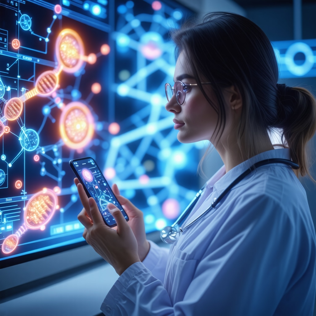 Female patient using smartphone app with genomic and hormone therapy icons in medical background