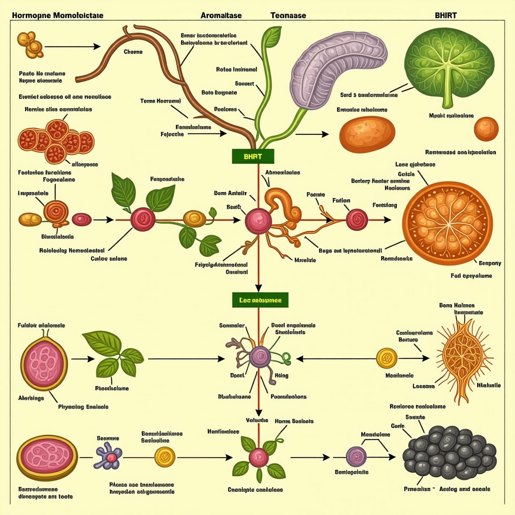 Infographic depicting hormone metabolism enzymes, gut microbiome estrobolome, and phytochemical impacts relevant to bioidentical hormone replacement therapy