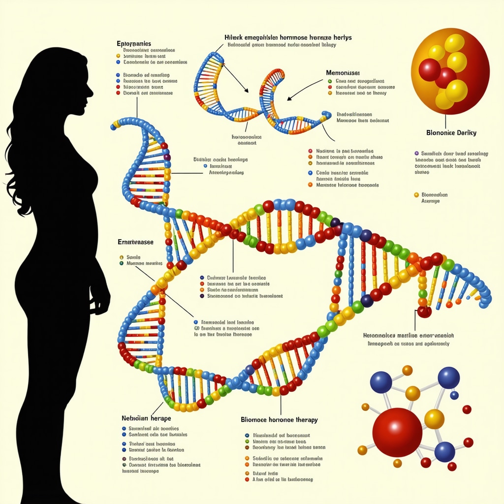 Infographic illustrating epigenetic markers affecting hormone metabolism and personalized bioidentical hormone therapy in menopausal women