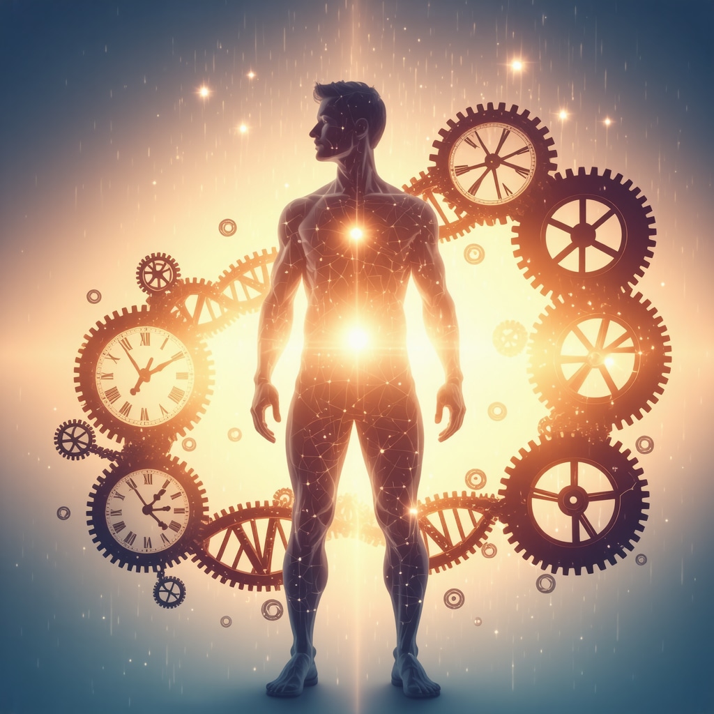 Human silhouette with DNA strands and clock gears representing epigenetic and chronotherapy influences on hormone therapy