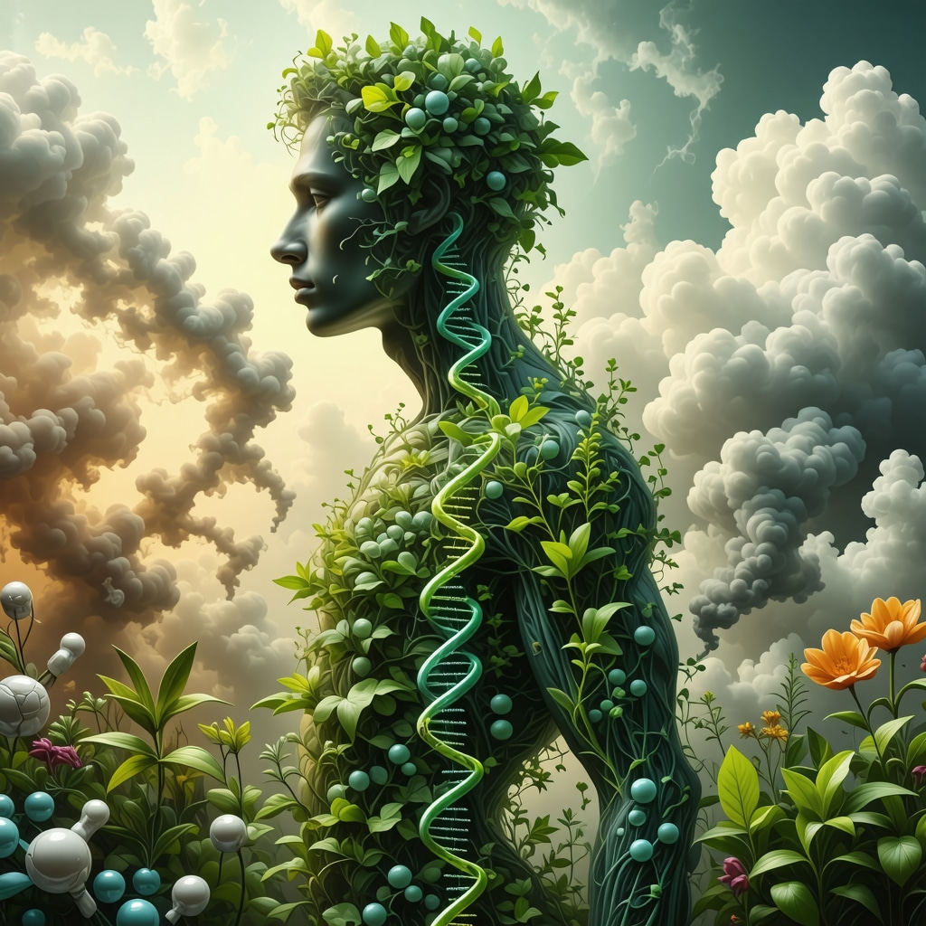 DNA strands intertwined with environmental factors and natural herbs representing epigenetic effects on hormones