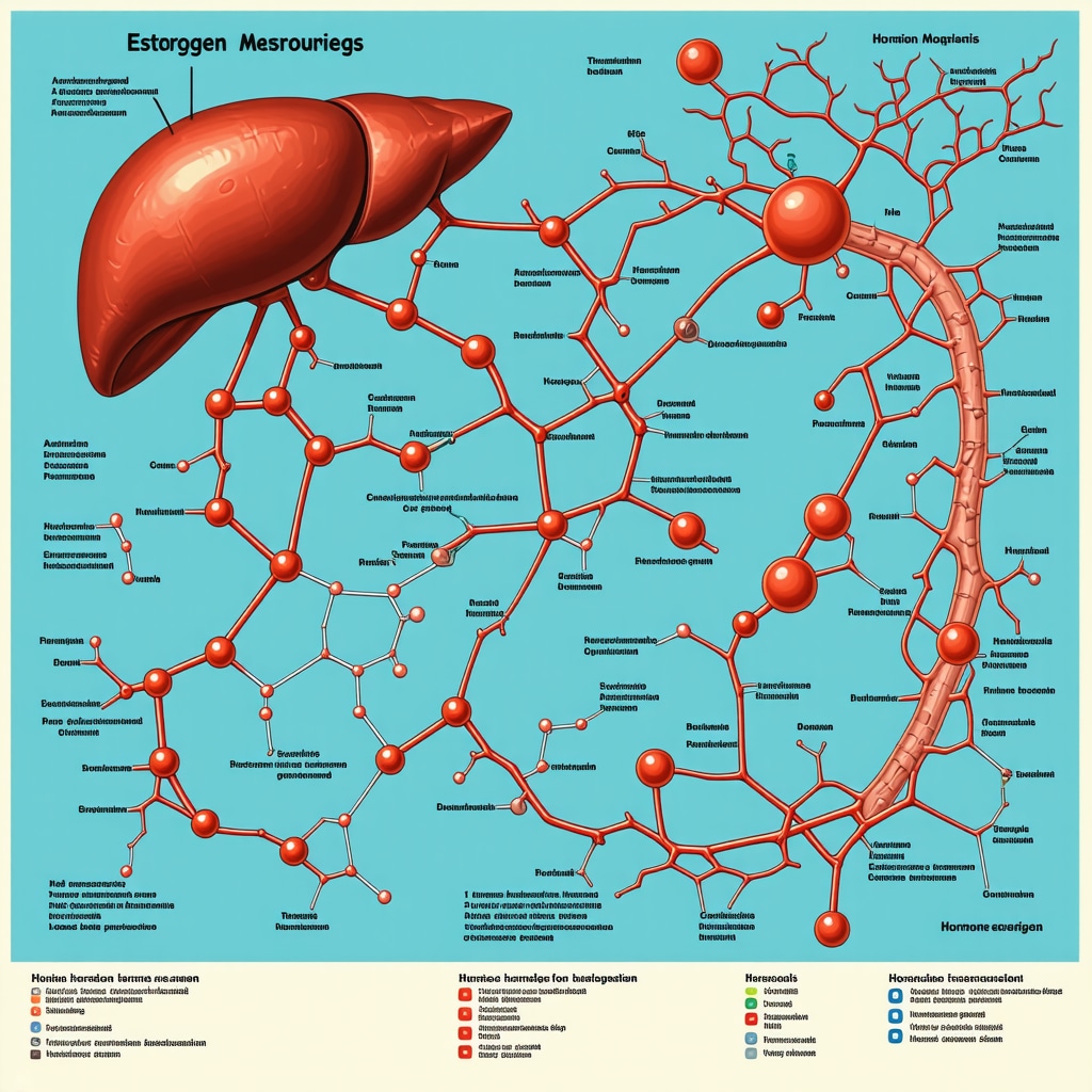 Detailed infographic showing estrogen metabolism pathways and hormone therapy options for menopause