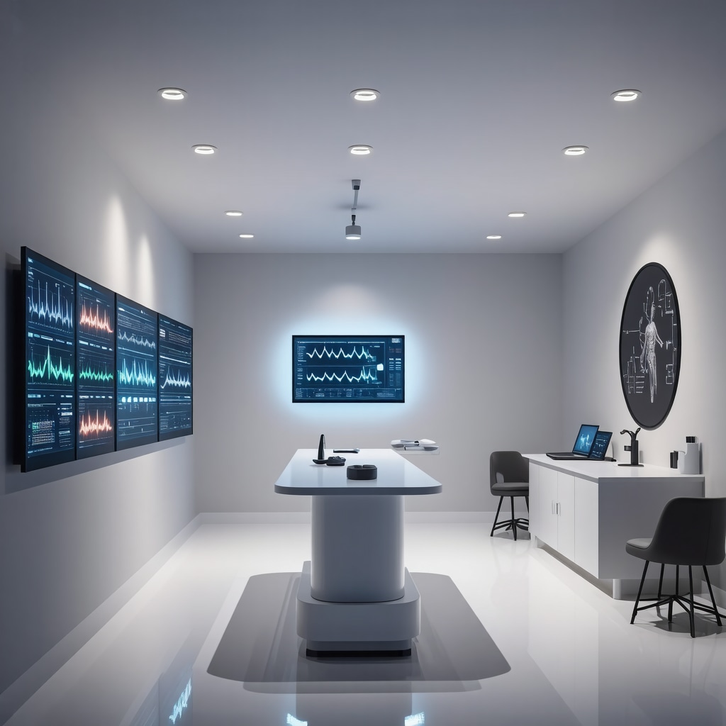 Digital screens displaying hormone rhythms and genetic data in a San Diego clinic