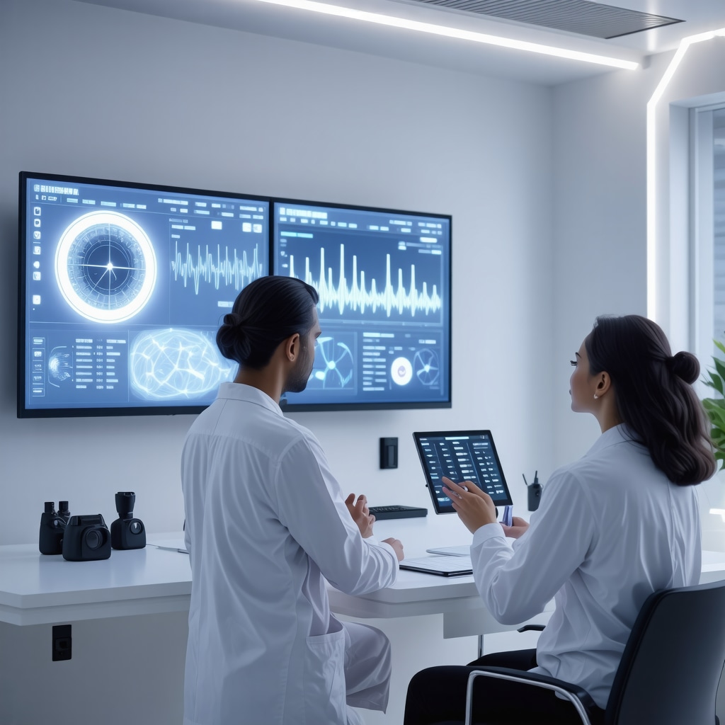 Clinician and patient reviewing AI-generated hormone therapy plans with circadian rhythm and microbiome data