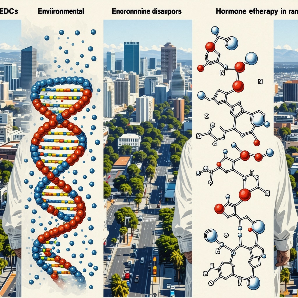 Infographic showing genetic markers and environmental chemicals affecting hormone therapy outcomes in men