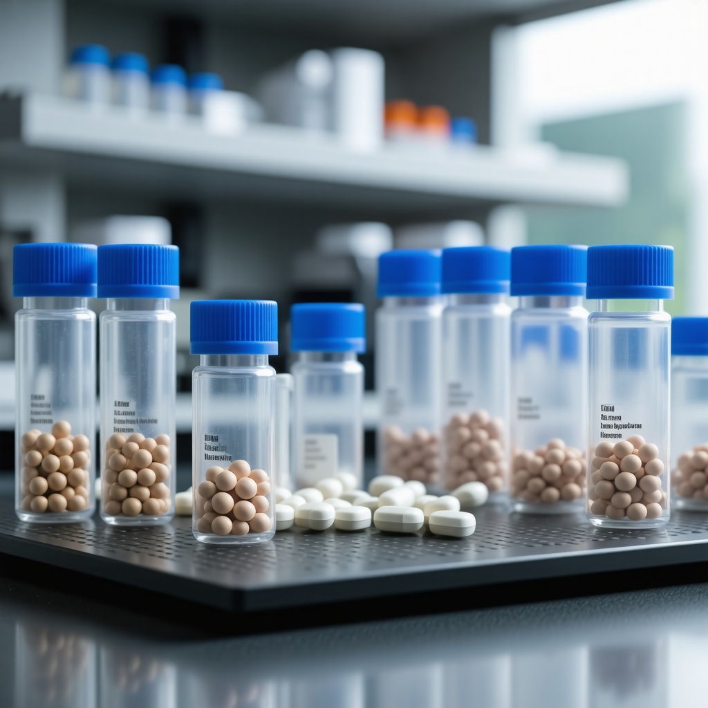 Medical laboratory with genomic sequencing equipment and hormone therapy vials representing personalized bioidentical hormone therapy