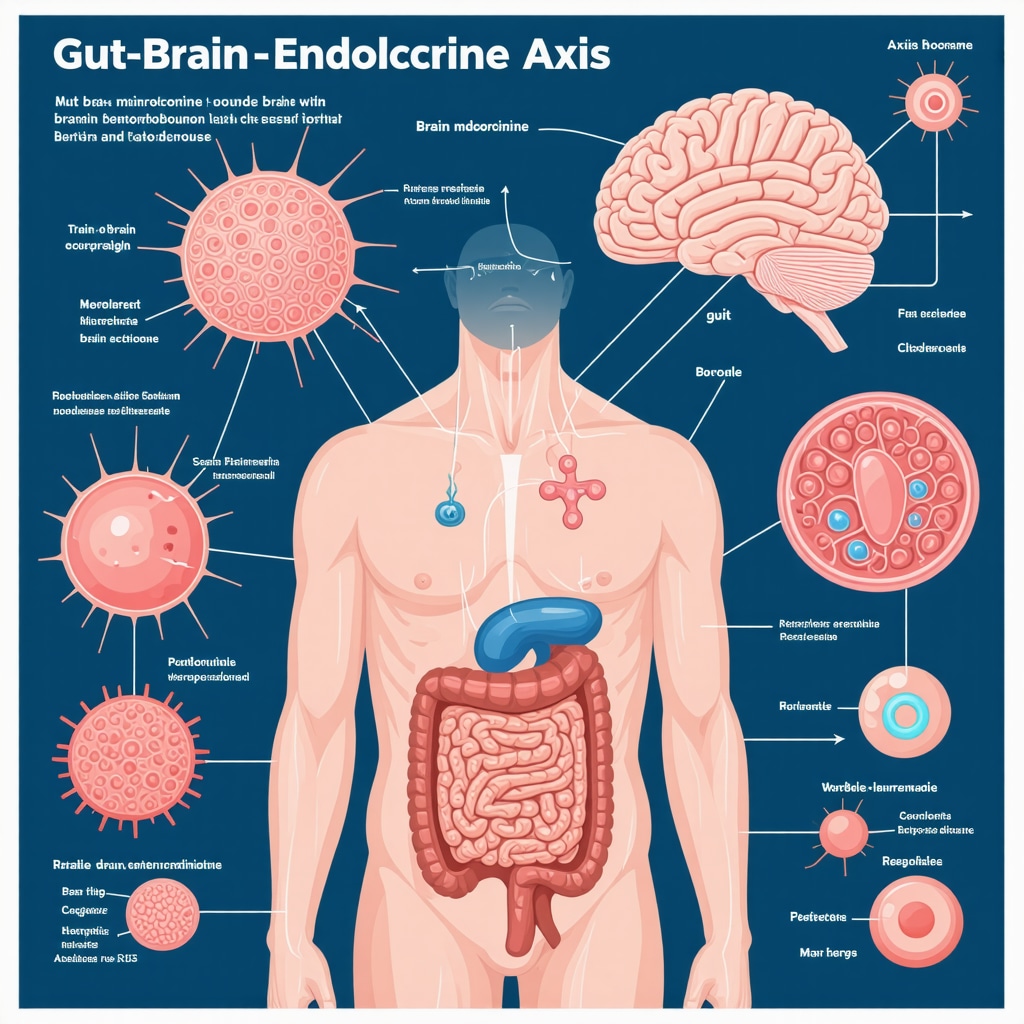 Infographic showing gut microbiome, brain neurotransmitters, and hormonal pathways related to menopause