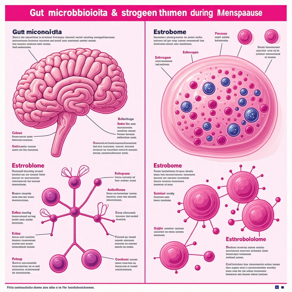 Infographic depicting gut bacteria's role in estrogen metabolism affecting menopause symptoms