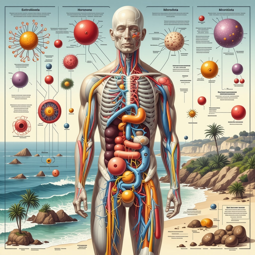 Infographic showing gut microbiota influence on hormone regulation with San Diego coastal backdrop