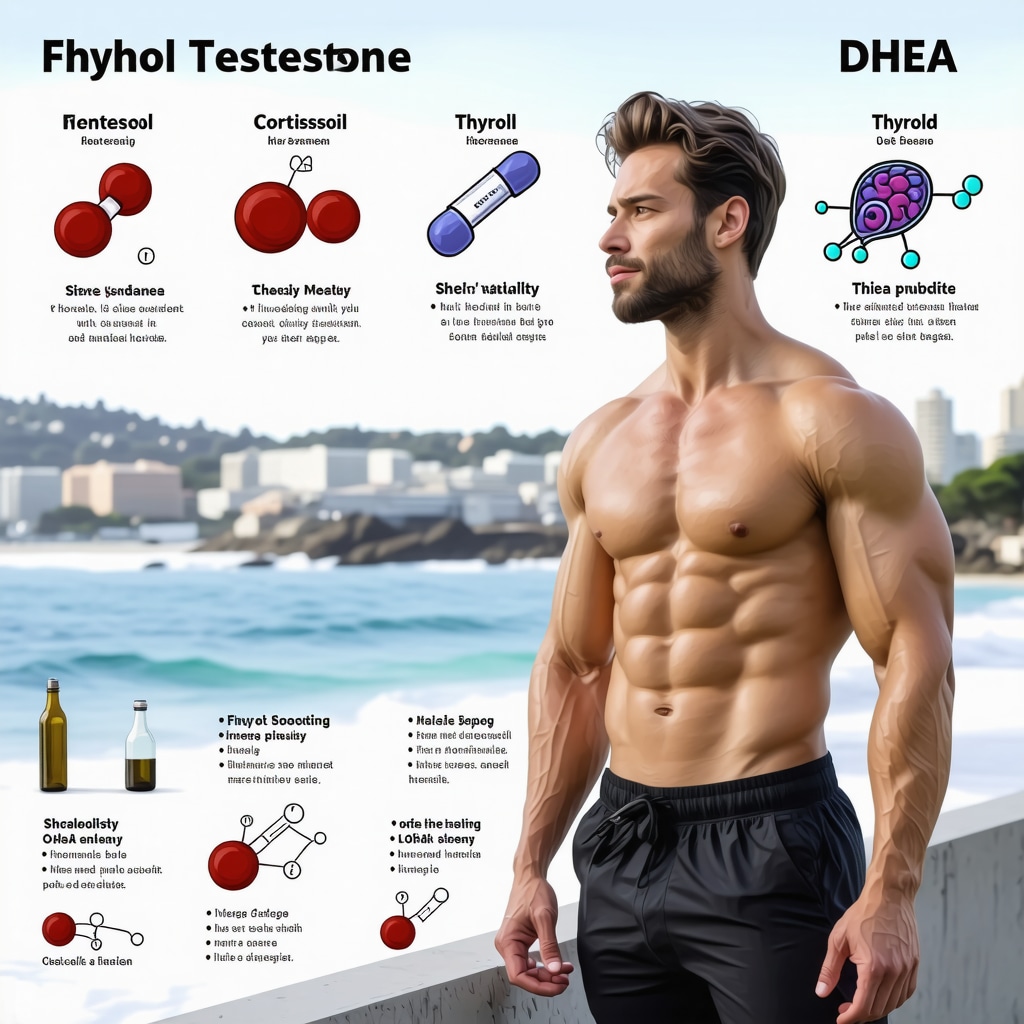 Illustration of testosterone, cortisol, DHEA, and thyroid hormone interactions in male vitality optimization
