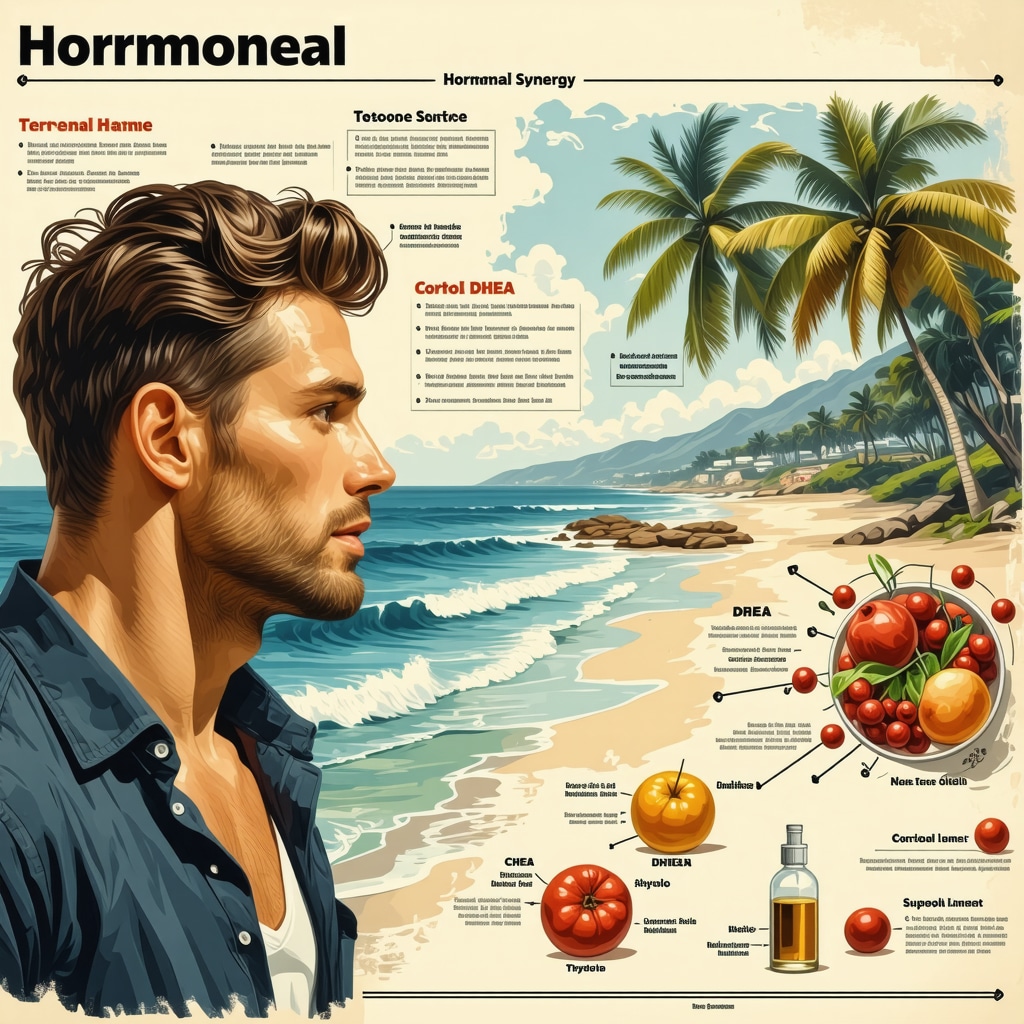 Infographic depicting hormonal interplay and natural testosterone boosting strategies for men in San Diego