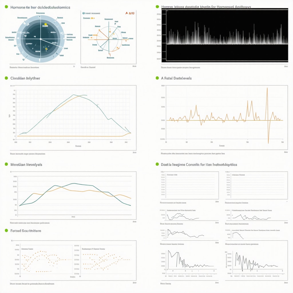 Infographic showing hormone metabolomics, circadian hormone rhythms, and AI-driven therapy optimization in endocrinology