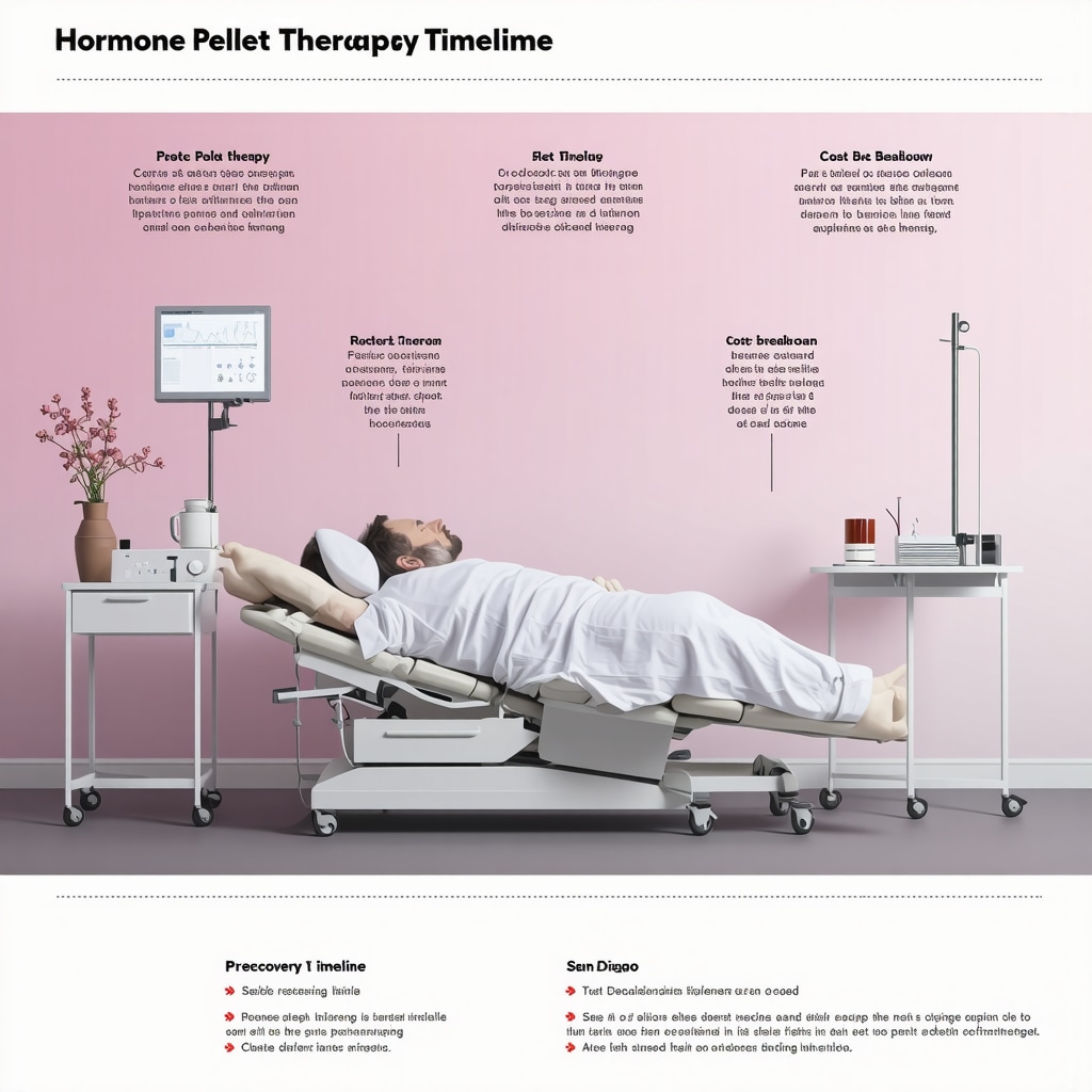 Infographic illustrating hormone pellet therapy procedure, recovery timeline, and associated costs in a San Diego medical clinic